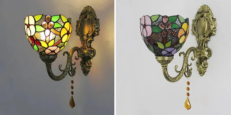Small Stained Glass Pastoral Grapes Floral Lampshade Vintage Tiffany Style Sconces Classical Tiffany Lamp