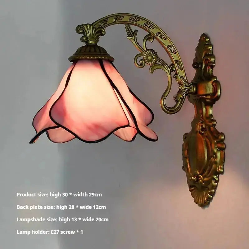 Tiffany Pastoral Pink Lotus Floral Lampshade Handmade Antique Wall Lights Small Sconce Classical Tiffany Lamp