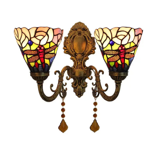 Vintage Double Head Stained Glass Dragonfly Floral Tiffany Wall Lamp Sconce Classical Tiffany Lamp
