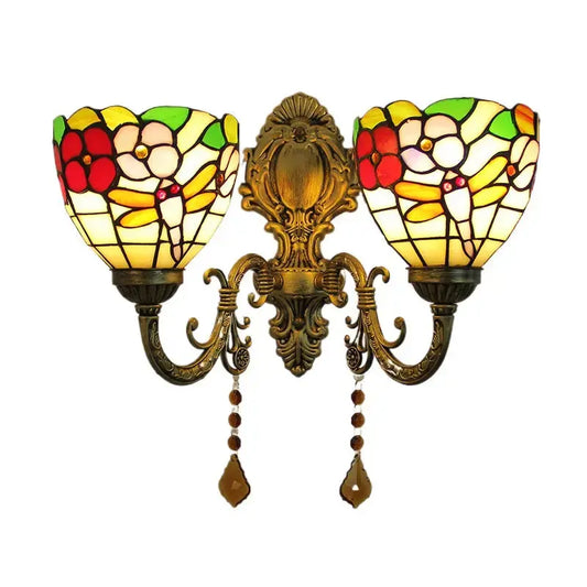 Vintage Double Head Stained Glass Dragonfly Floral Tiffany Wall Sconce Classical Tiffany Lamp