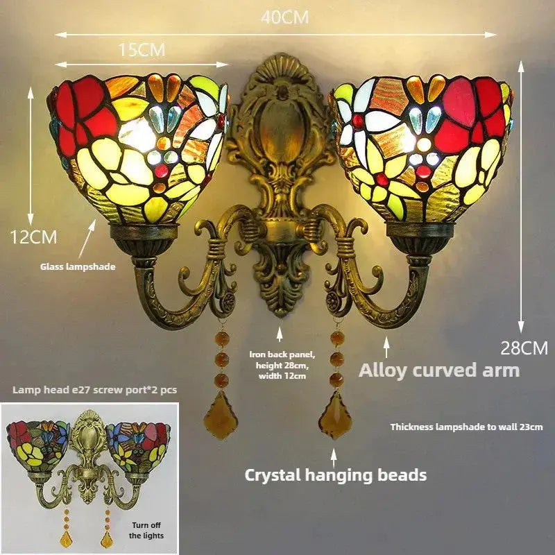 Vintage Double Head Stained Glass Grapes Floral Lampshade Tiffany Style Wall Lights Classical Tiffany Lamp