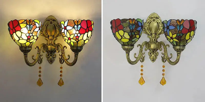 Vintage Double Head Stained Glass Grapes Floral Lampshade Tiffany Style Wall Lights Classical Tiffany Lamp