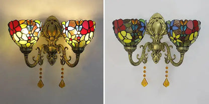 Vintage Double Head Stained Glass Grapes Floral Lampshade Tiffany Style Wall Lights Classical Tiffany Lamp