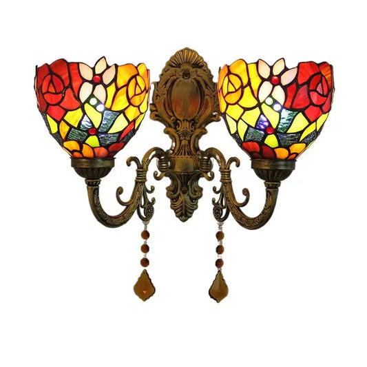 Vintage Double Head Stained Glass Two-color Rose Floral Lampshade Tiffany Wall Lamp Classical Tiffany Lamp