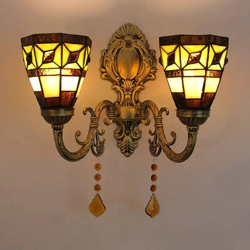Vintage Double Head Tiffany Stained Glass Simple Floral Lampshade Tiffany Style Wall Sconce Classical Tiffany Lamp