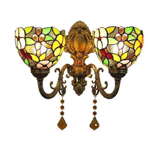 Vintage Double Head Tiffany Wall Lamp Stained Glass Grape Floral Lampshade Wall Sconce Classical Tiffany Lamp