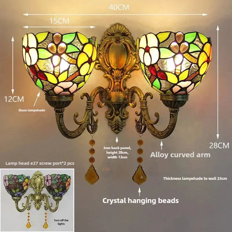 Vintage Double Head Tiffany Wall Lamp Stained Glass Grape Floral Lampshade Wall Sconce Classical Tiffany Lamp