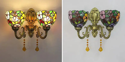 Vintage Double Head Tiffany Wall Lamp Stained Glass Grape Floral Lampshade Wall Sconce Classical Tiffany Lamp