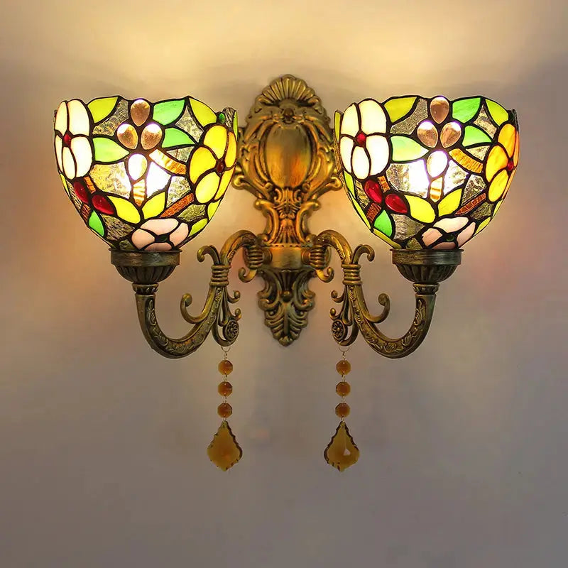 Vintage Double Head Tiffany Wall Lamp Stained Glass Grape Floral Lampshade Wall Sconce Classical Tiffany Lamp
