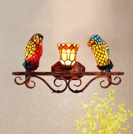 Stained Glass Parrot Lamp Vintage Tiffany Three Head Wall Sconce Classical Tiffany Lamp