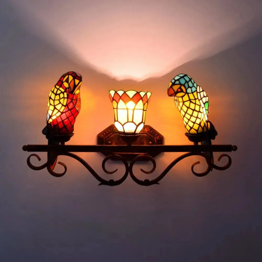 Stained Glass Parrot Lamp Vintage Tiffany Three Head Wall Sconce Classical Tiffany Lamp