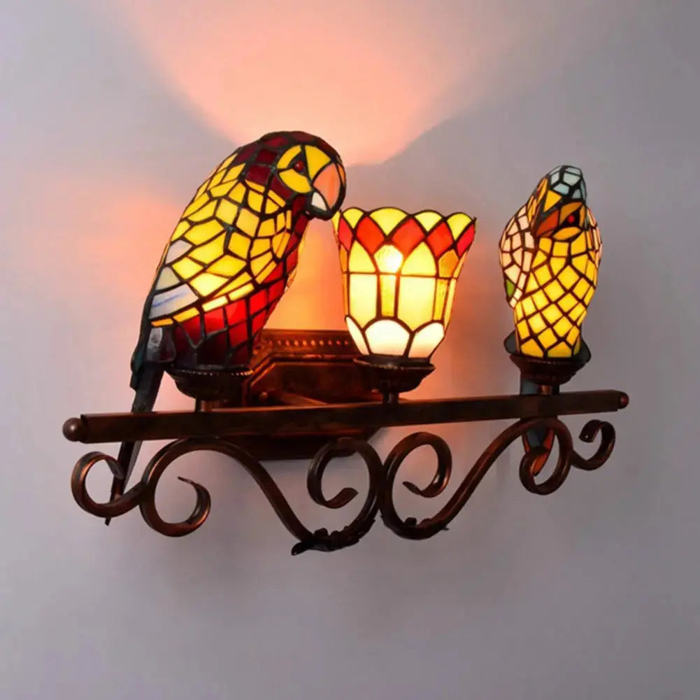 Stained Glass Parrot Lamp Vintage Tiffany Three Head Wall Sconce Classical Tiffany Lamp