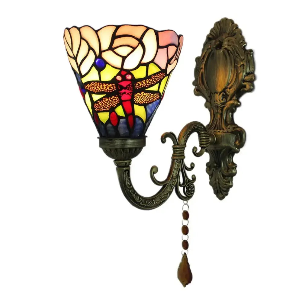 Vintage Stained Glass Dragonfly Flower Lampshade Tiffany Wall Sconces Lighting Classical Tiffany Lamp