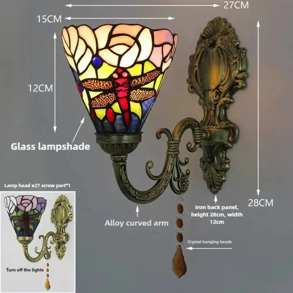 Vintage Stained Glass Dragonfly Flower Lampshade Tiffany Wall Sconces Lighting Classical Tiffany Lamp