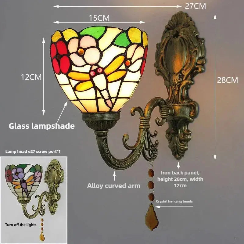 Vintage Stained Glass Pastoral Dragonfly Floral Lampshade Tiffany Wall Sconces Lighting Classical Tiffany Lamp