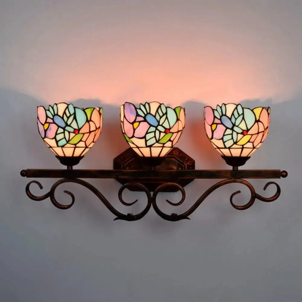 Vintage Stained Glass Flower Lampshade Tiffany Triple Arm Sconce Classical Tiffany Lamp