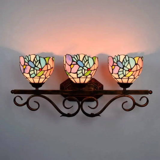 Vintage Stained Glass Flower Lampshade Tiffany Triple Arm Sconce Classical Tiffany Lamp