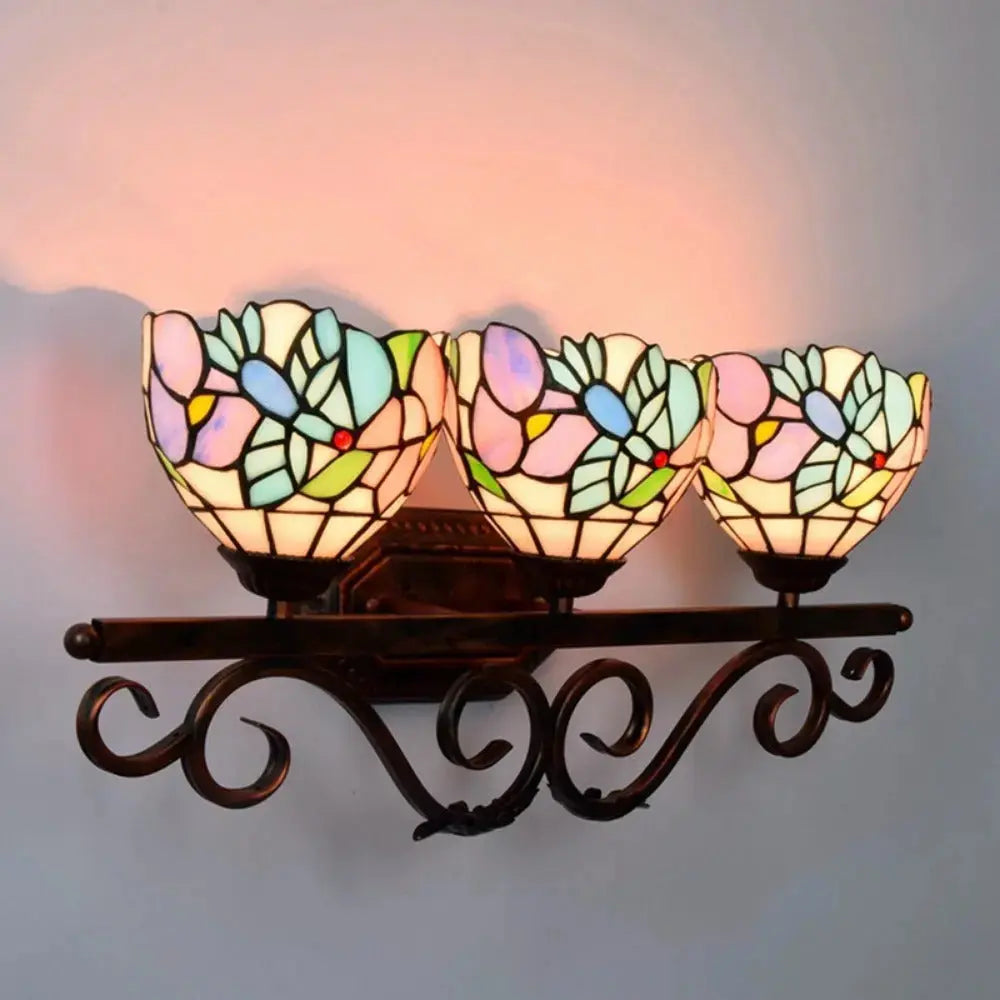 Vintage Stained Glass Flower Lampshade Tiffany Triple Arm Sconce Classical Tiffany Lamp