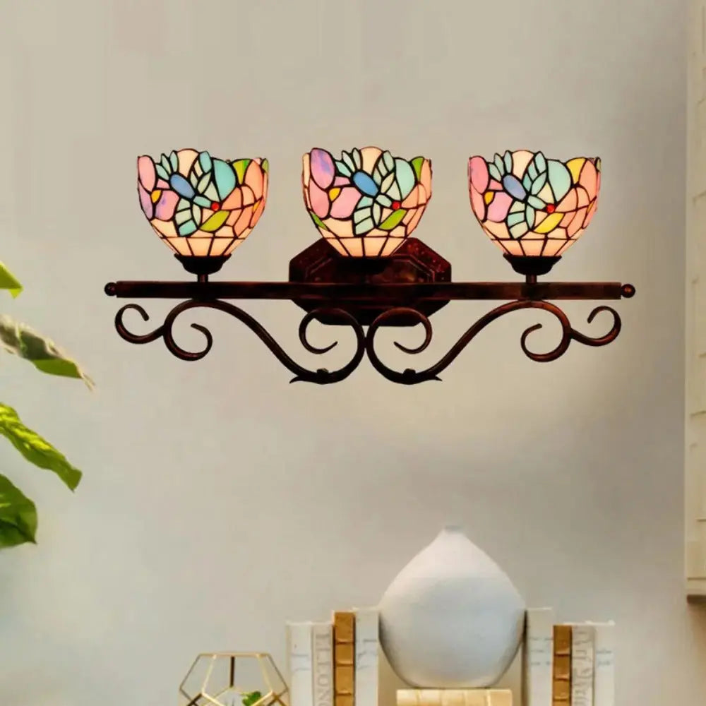 Vintage Stained Glass Flower Lampshade Tiffany Triple Arm Sconce Classical Tiffany Lamp