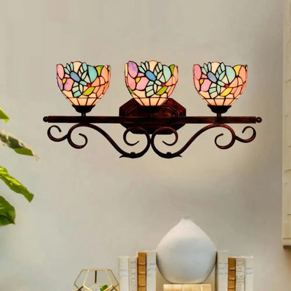 Vintage Stained Glass Flower Lampshade Tiffany Triple Arm Sconce Classical Tiffany Lamp