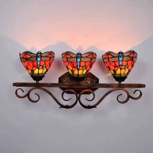 Triple Arm Sconce Vintage Stained Glass Red Dragonfly Tiffany Wall Light Classical Tiffany Lamp