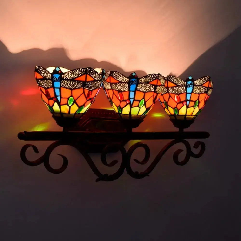 Triple Arm Sconce Vintage Stained Glass Red Dragonfly Tiffany Wall Light Classical Tiffany Lamp