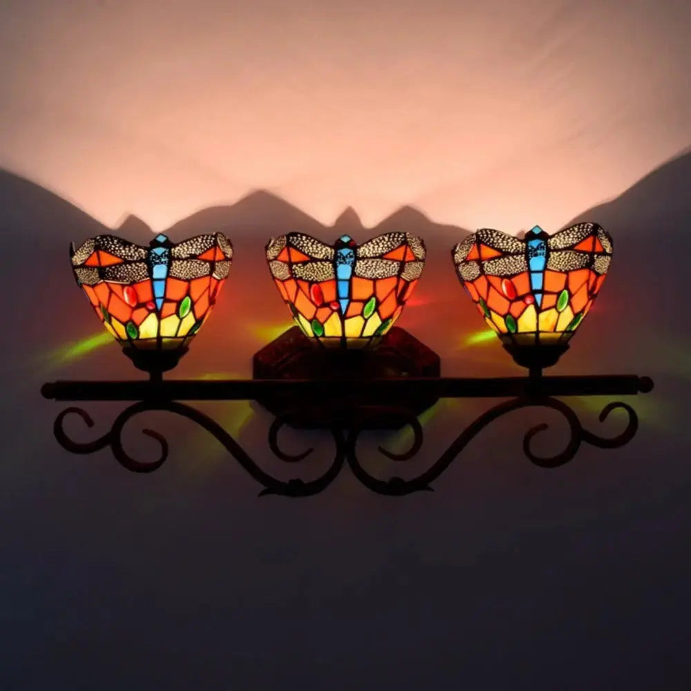 Triple Arm Sconce Vintage Stained Glass Red Dragonfly Tiffany Wall Light Classical Tiffany Lamp