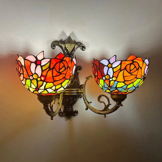 2 Light Sconce Vintage Stained Glass Rose Flower Lampshade Tiffany Wall Lamps Classical Tiffany Lamp