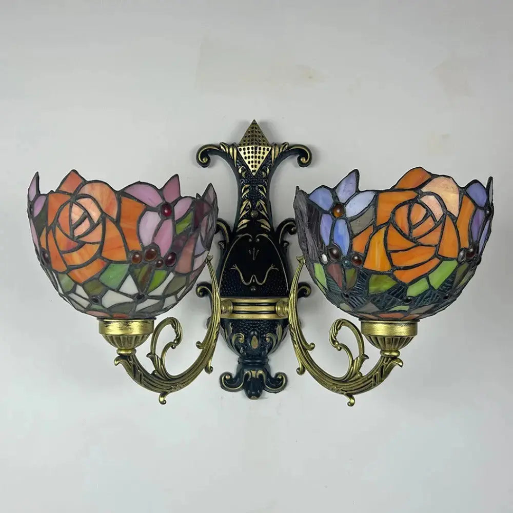 2 Light Sconce Vintage Stained Glass Rose Flower Lampshade Tiffany Wall Lamps Classical Tiffany Lamp