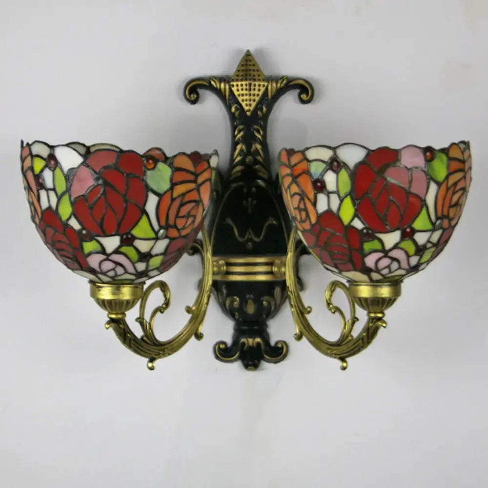 2 Light Sconce Vintage Stained Glass Rose Flower Lampshade Tiffany Wall Lamps Classical Tiffany Lamp