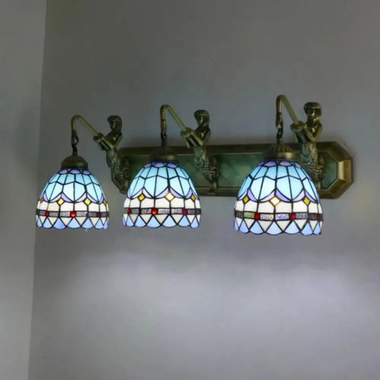 Tiffany Three Light Wall Sconce with Stained Glass Sea Blue Lampshade Classical Tiffany Lamp