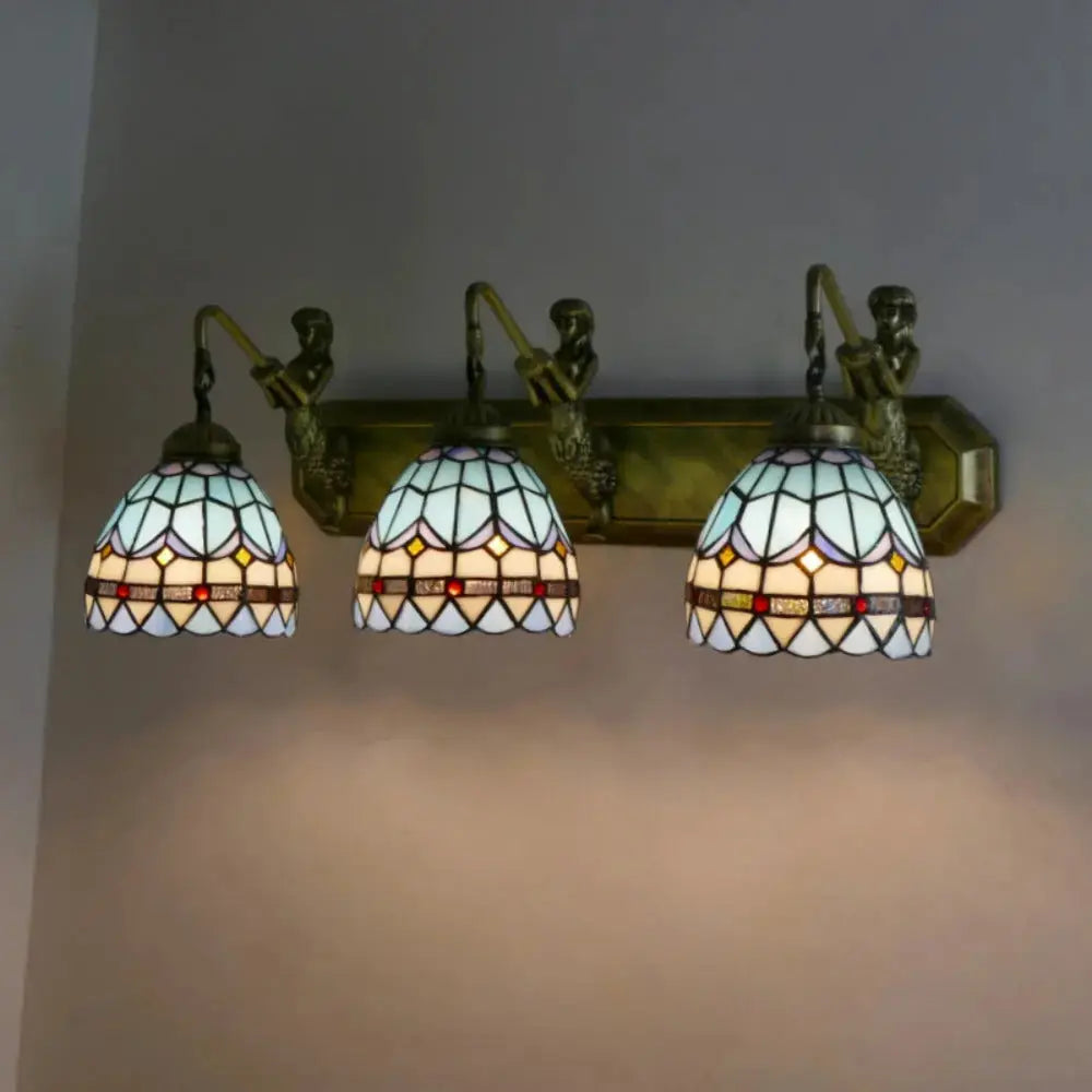 Tiffany Three Light Wall Sconce with Stained Glass Sea Blue Lampshade Classical Tiffany Lamp