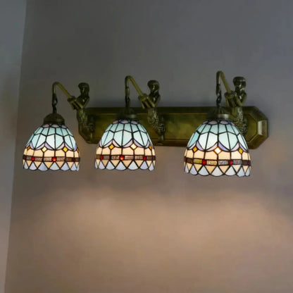 Tiffany Three Light Wall Sconce with Stained Glass Sea Blue Lampshade Classical Tiffany Lamp