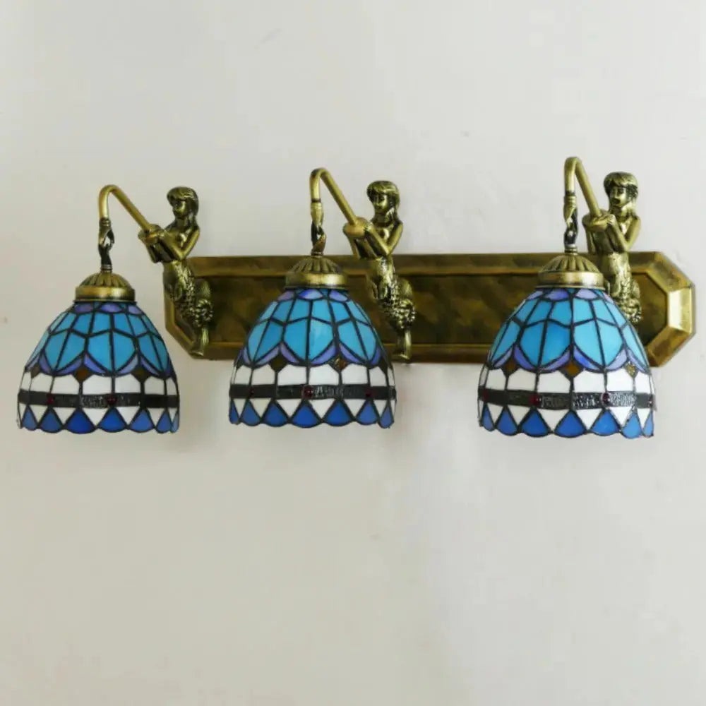 Tiffany Three Light Wall Sconce with Stained Glass Sea Blue Lampshade Classical Tiffany Lamp