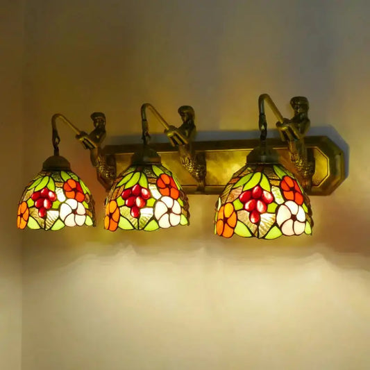 Vintage Stained Glass Pastoral Floral Flower Tiffany 3 Light Sconce Classical Tiffany Lamp