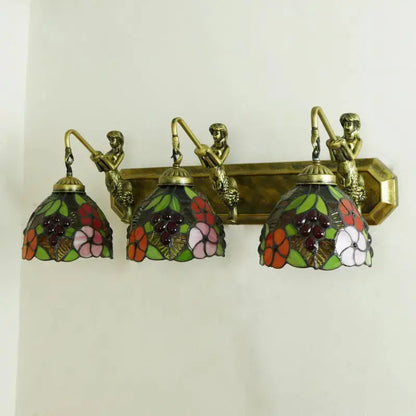 Vintage Stained Glass Pastoral Floral Flower Tiffany 3 Light Sconce Classical Tiffany Lamp