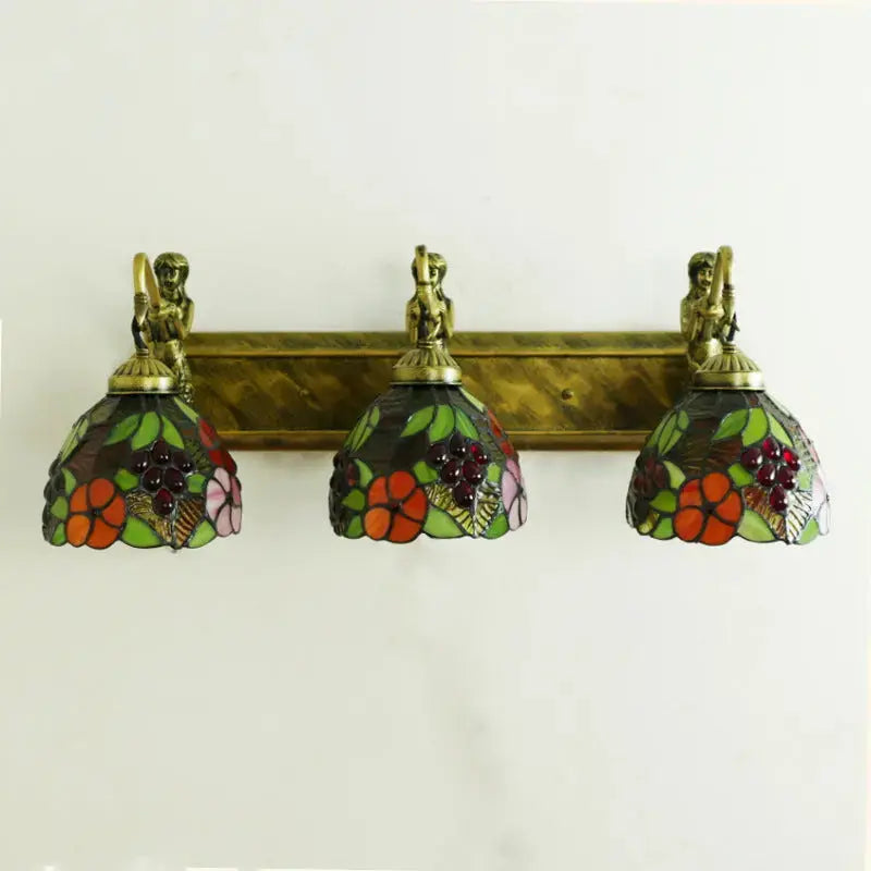Vintage Stained Glass Pastoral Floral Flower Tiffany 3 Light Sconce Classical Tiffany Lamp